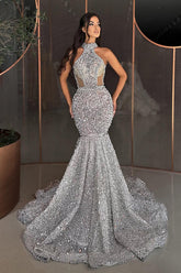 Gorgeous Silver High Neck Mermaid Prom Dress with Sequins